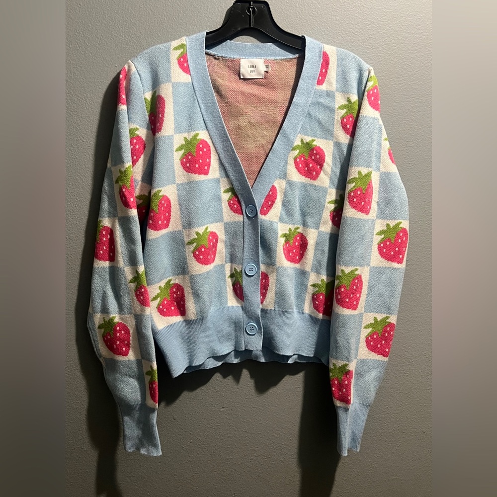 Chic Strawberry Patterned Light Blue Sweater - image 2